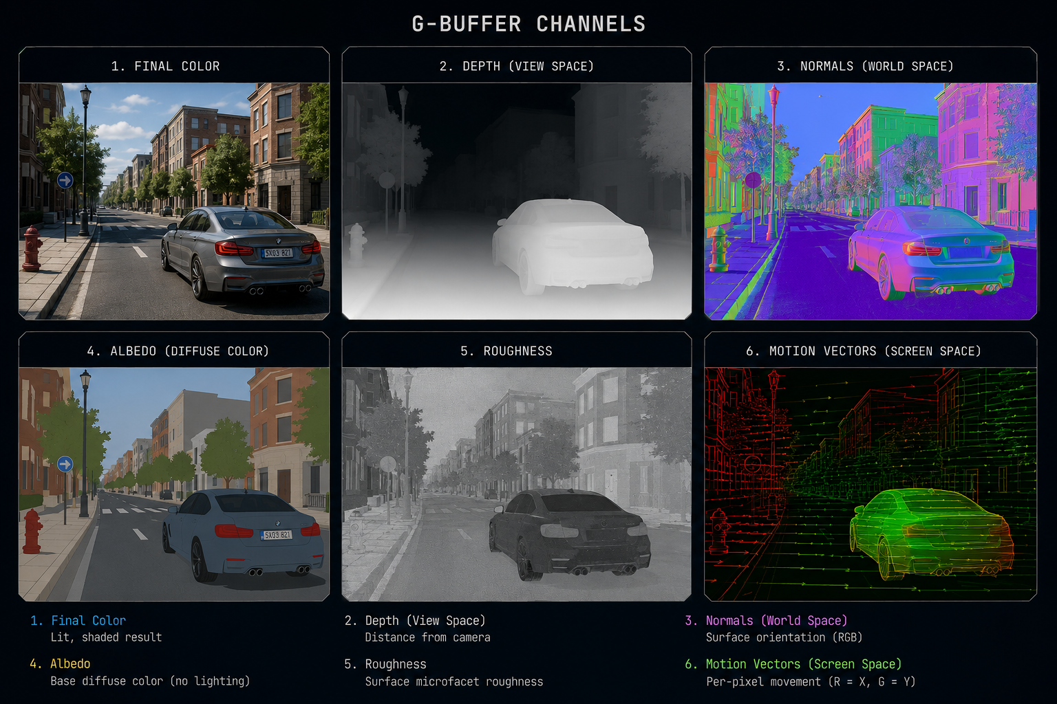 A grid of six small image panels showing a single 3D scene (a simple street with a car) decomposed into G-buffer channels: final color, depth as grayscale, world-space normals as RGB, albedo, roughness as grayscale, and motion vectors as red/green flow. Each panel labeled. Clean technical layout, dark UI frame, no UI clutter.
