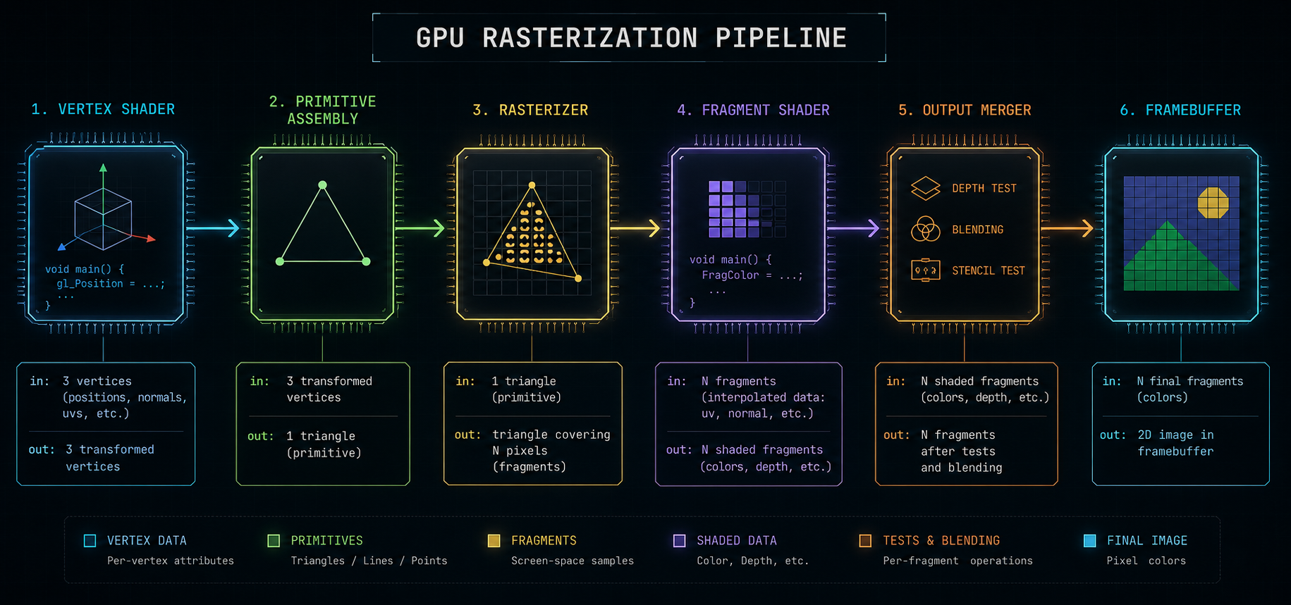 A horizontal flowchart of the GPU rasterization pipeline, left to right: Vertex Shader → Primitive Assembly → Rasterizer → Fragment Shader → Output Merger → Framebuffer. Each stage shown as a stylized chip block with the input and output data type labeled below (e.g. "in: 3 vertices", "out: triangle covering N pixels"). Dark technical aesthetic, neon outlines, no character art, infographic vibe.