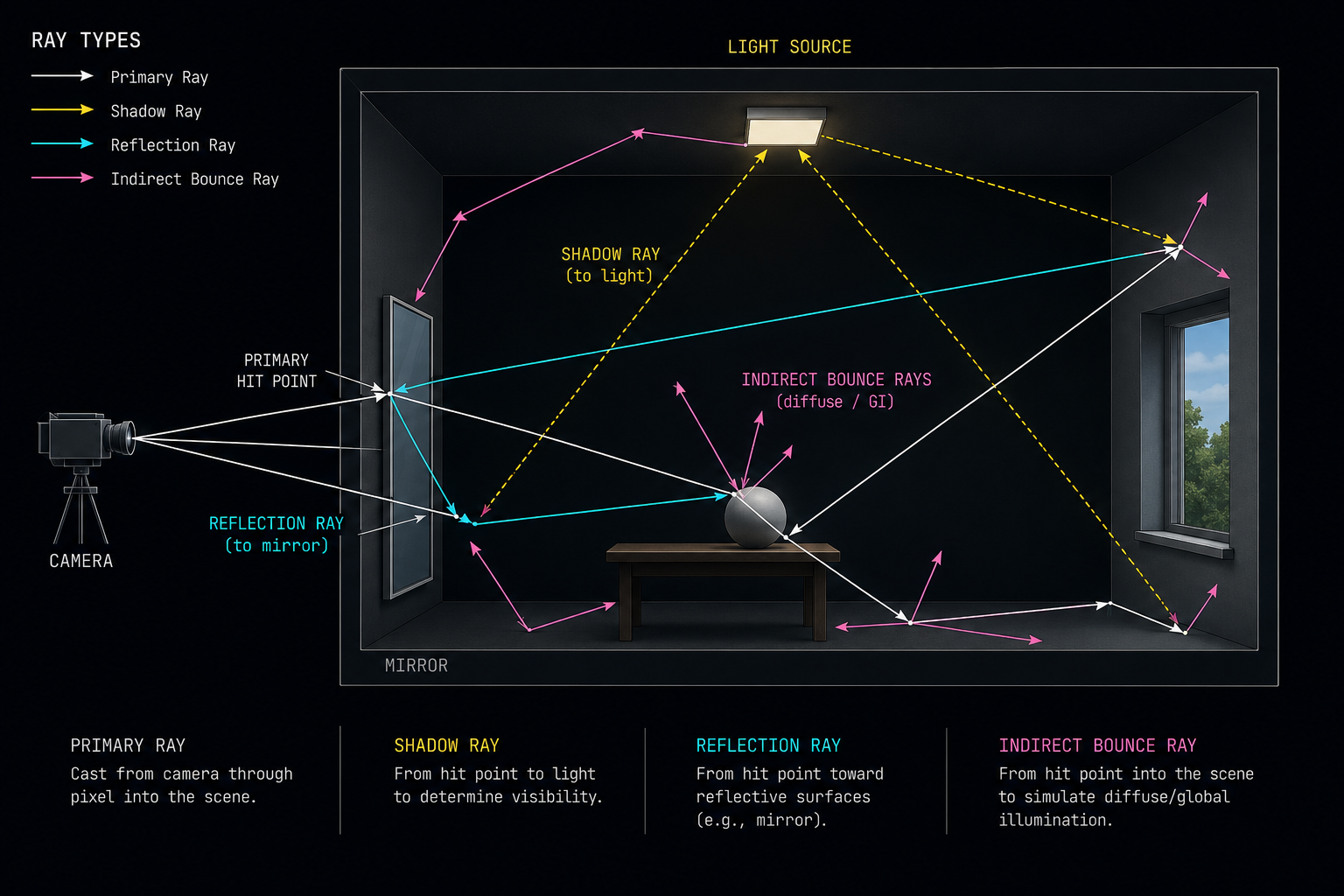 Every primary ray spawns secondary rays for shadows, reflections and indirect bounces and every ray costs. A schematic side view of a 3D scene (a room with a mirror and a window). From the camera, primary rays shoot into the scene. Each primary hit spawns shadow rays toward the light, reflection rays toward the mirror, and indirect bounce rays into the room. Each ray is drawn as a thin colored line: primary white, shadow yellow, reflection cyan, indirect magenta. Annotated. Clean technical diagram, dark background.