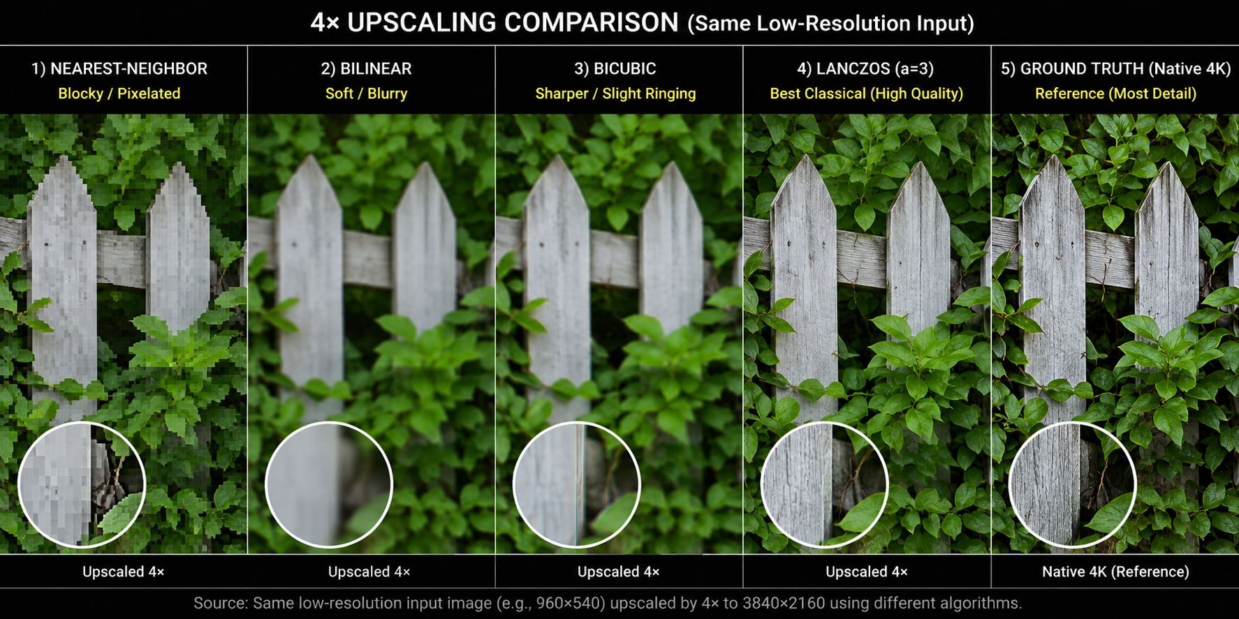 A 5-panel horizontal strip showing the same low-resolution image of a fence with foliage upscaled by 4x using: nearest-neighbor (blocky), bilinear (soft), bicubic (sharper, slight ringing), Lanczos (best classical), and ground truth native 4K (clearly more detail than any of the others). Each labeled. Magnified, technical comparison, no game UI.