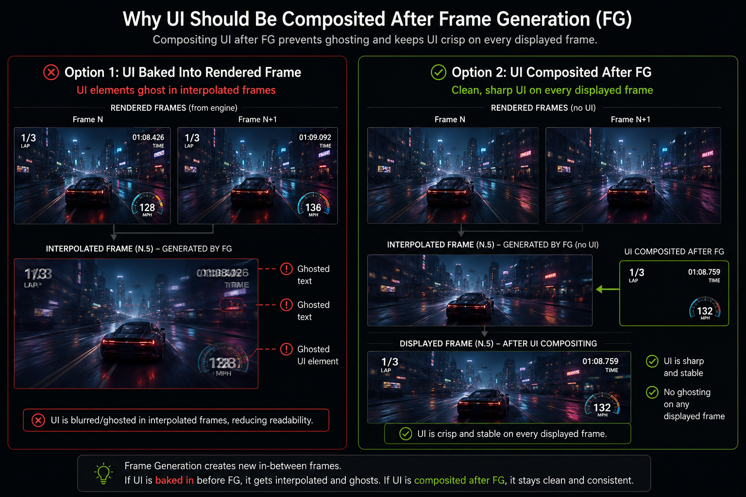 A diagram with two options side by side. Left option 'UI baked into rendered frame' shows UI elements visibly ghosting in the interpolated frame, marked with red issue indicators. Right option 'UI composited after FG' shows a clean UI on every displayed frame, marked with green checkmarks. A caption explains the difference. Clean technical comparison.
