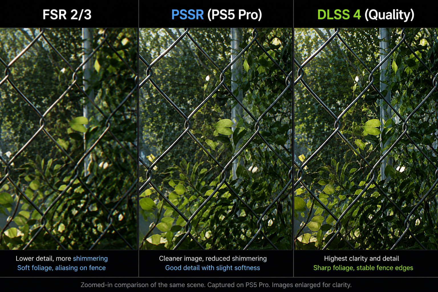 A 3-panel zoomed-in comparison of the same game scene   dense foliage with a chain-link fence in motion   processed by FSR 2/3, PSSR, and DLSS 4. Each labeled. PSSR is visibly cleaner than FSR but a touch softer than DLSS 4. Clean technical comparison style, no UI clutter.