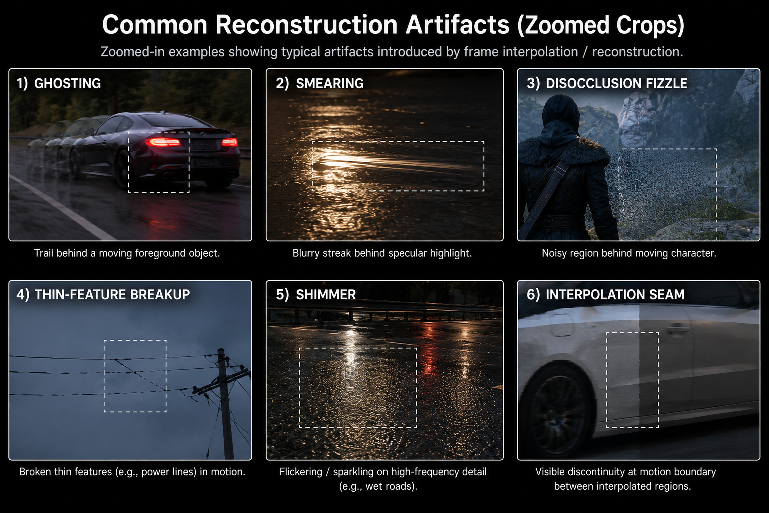 A 6-panel infographic showing zoomed crops of common reconstruction artifacts, each labeled: ghosting (trail behind a moving foreground object), smearing (blurry streak behind specular highlight), disocclusion fizzle (noisy region behind moving character), thin-feature breakup (broken power line in motion), shimmer (flickering on wet road), and interpolation seam (visible discontinuity at motion boundary). Clean technical comparison style, no game UI.